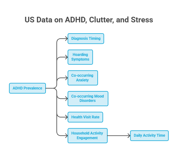 Flowchart showing US data on ADHD prevalence, diagnosis timing, hoarding symptoms, and daily activity time. Infographic.