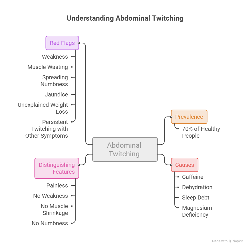Infographic on abdominal twitching showing red flags, distinguishing features, prevalence, and causes.