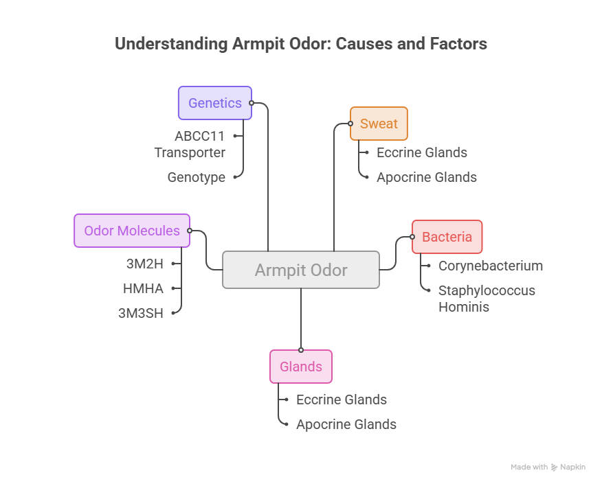 Infographic explaining armpit odor causes, including genetics, sweat, odor molecules, and bacteria.