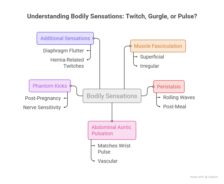 Infographic explaining bodily sensations like twitch, gurgle, and pulse with labeled categories and examples.