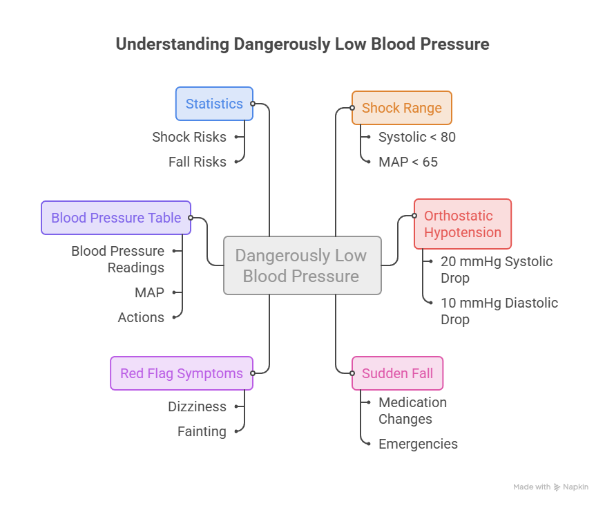 Infographic explaining dangerously low blood pressure with sections on statistics, shock range, symptoms, and actions.