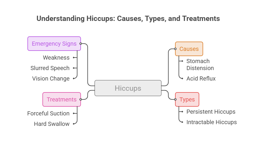 Infographic showing hiccups causes, types, emergency signs, and treatments with labeled sections and connecting lines.