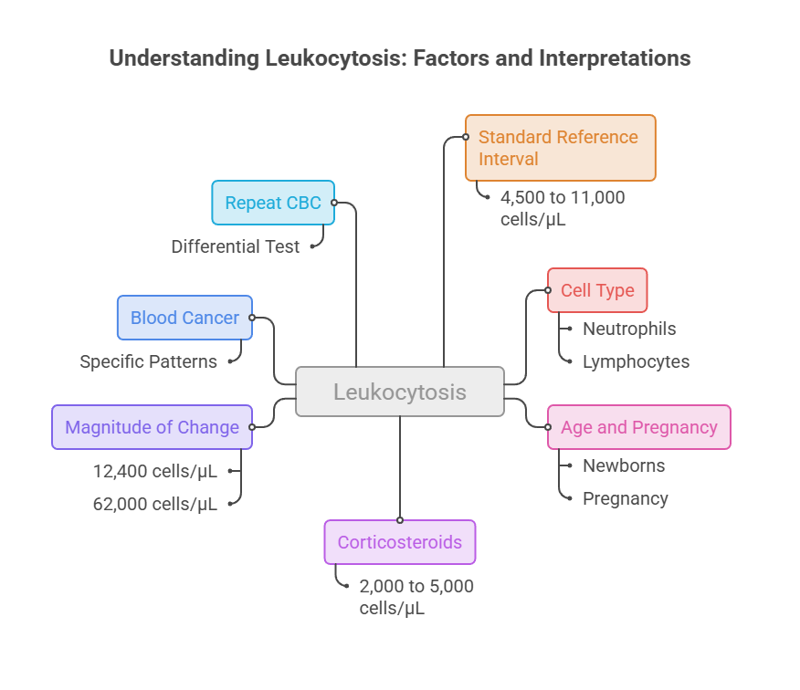 Infographic explaining leukocytosis with factors like blood cancer, corticosteroids, and reference intervals.
