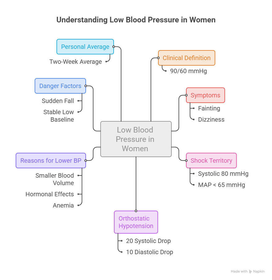 Infographic detailing low blood pressure in women, including symptoms, definitions, and danger factors.