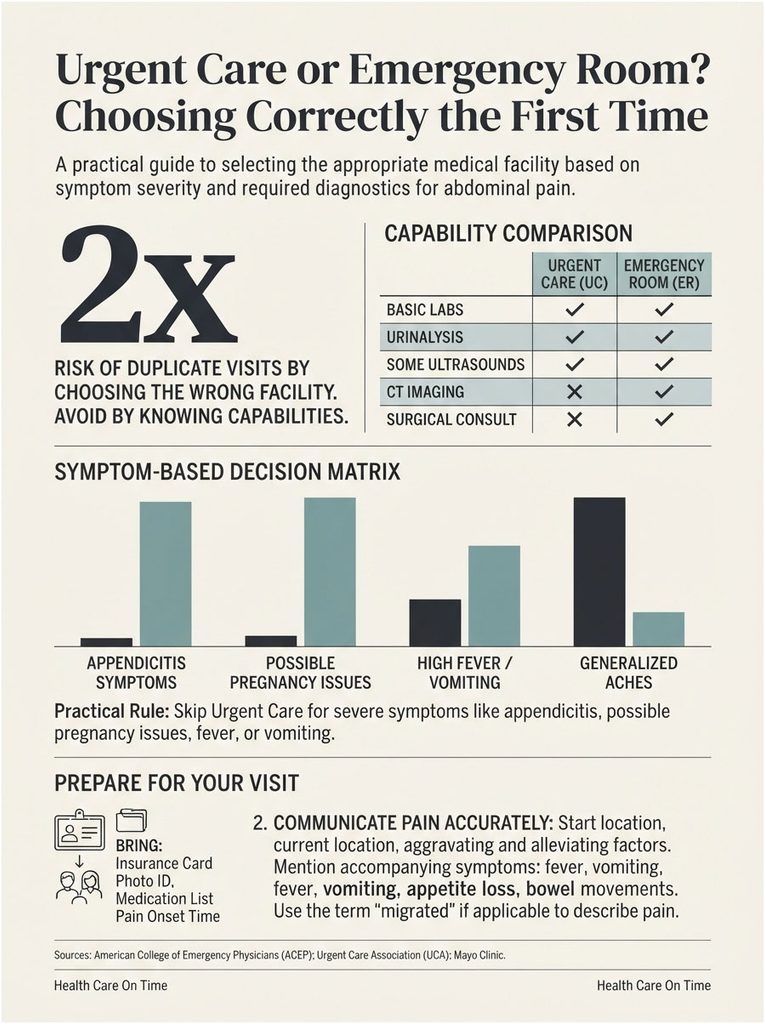 Infographic comparing urgent care and emergency room capabilities for abdominal pain diagnosis and treatment.