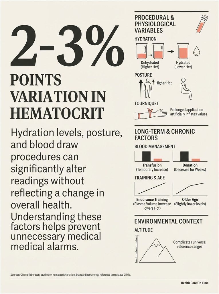 Infographic showing 2-3% variation in hematocrit due to hydration, posture, and blood draw procedures.
