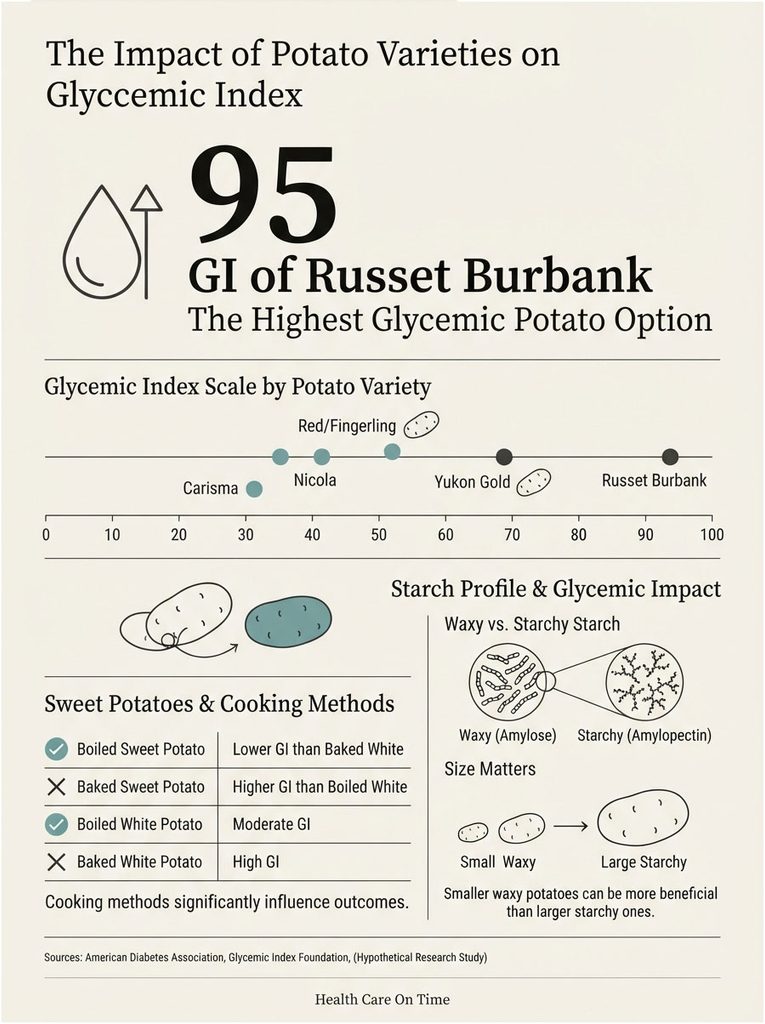 Infographic showing glycemic index of potato varieties, highlighting Russet Burbank's GI of 95 and cooking methods.