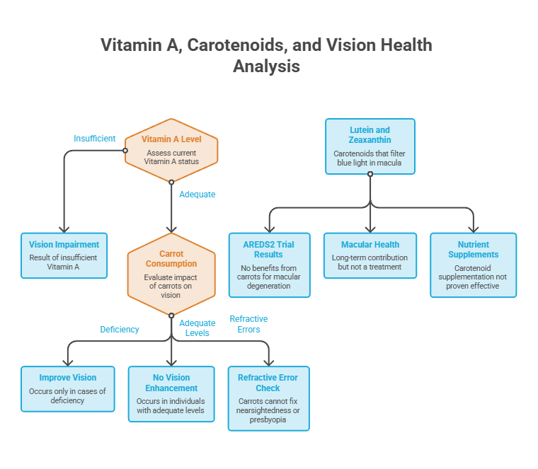 Infographic analyzing Vitamin A, carotenoids, and vision health with flowchart elements and key data points.