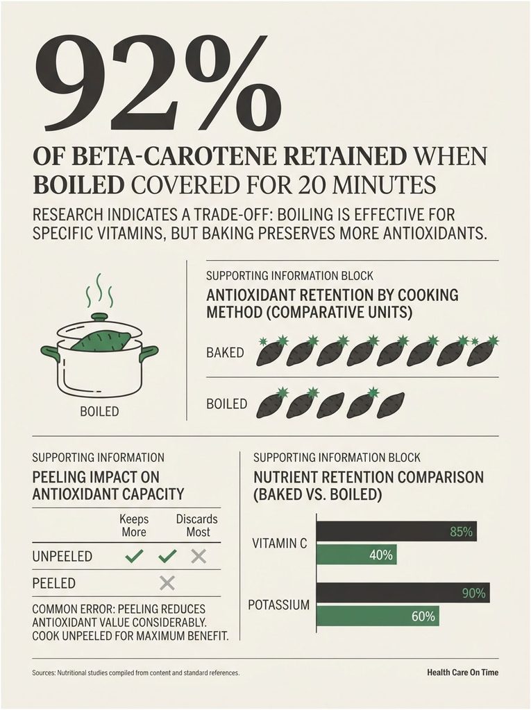 Infographic showing 92% beta-carotene retention when boiled covered for 20 minutes with charts and data comparisons.