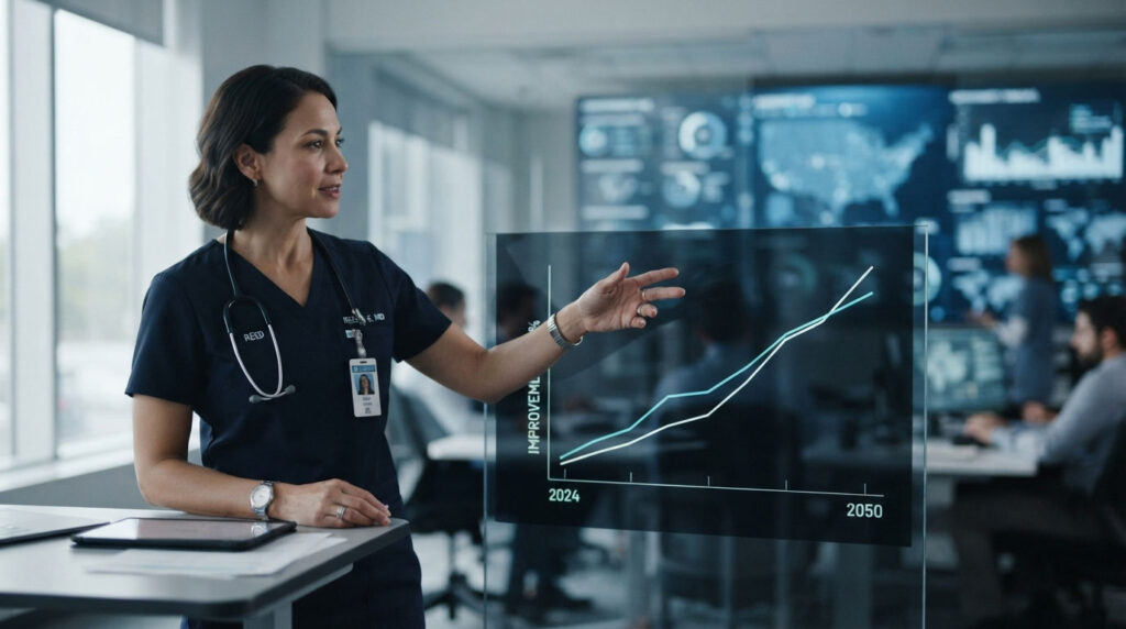 A female doctor in scrubs points to a digital graph showing improvement trends from 2024 to 2050 in a modern office.