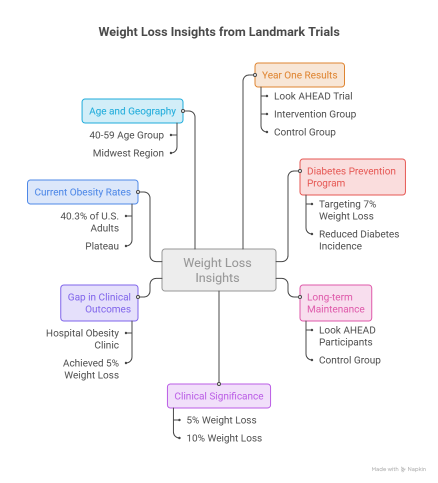 Infographic showing weight loss insights from landmark trials, including obesity rates and clinical outcomes.