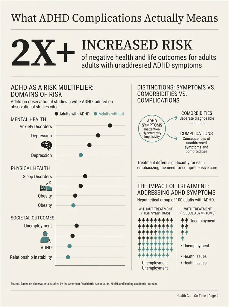 Infographic showing ADHD complications with increased risk in mental health, physical health, and societal outcomes.