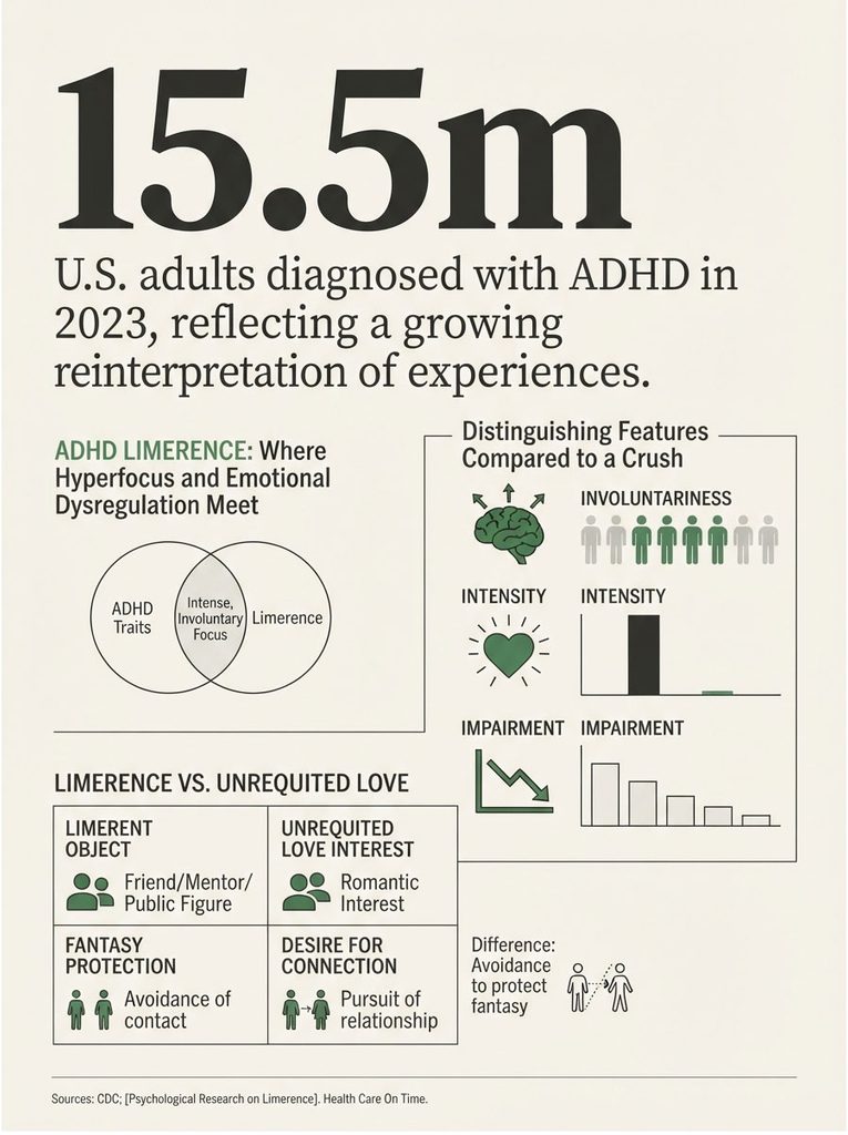 Infographic showing 15.5 million U.S. adults diagnosed with ADHD in 2023, detailing ADHD limerence and comparisons to crushes.