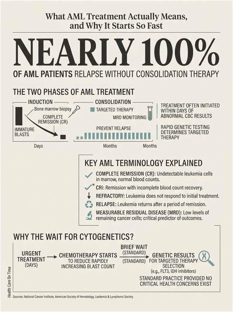 Infographic explaining AML treatment phases, statistics, and key terminology related to patient relapse and therapy.