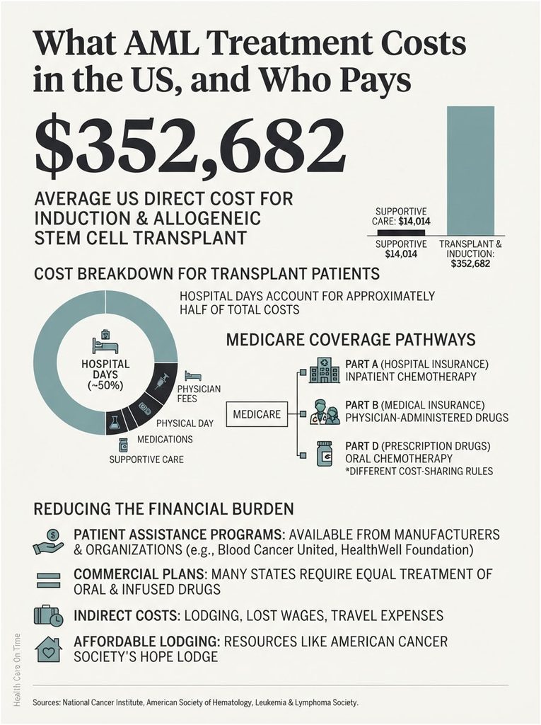 Infographic detailing AML treatment costs in the US, showing $352,682 average cost and breakdown of expenses.