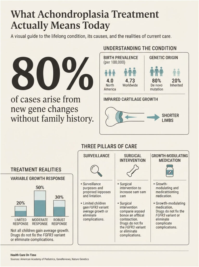 Infographic showing achondroplasia treatment, including statistics, care pillars, and gene mutation data.