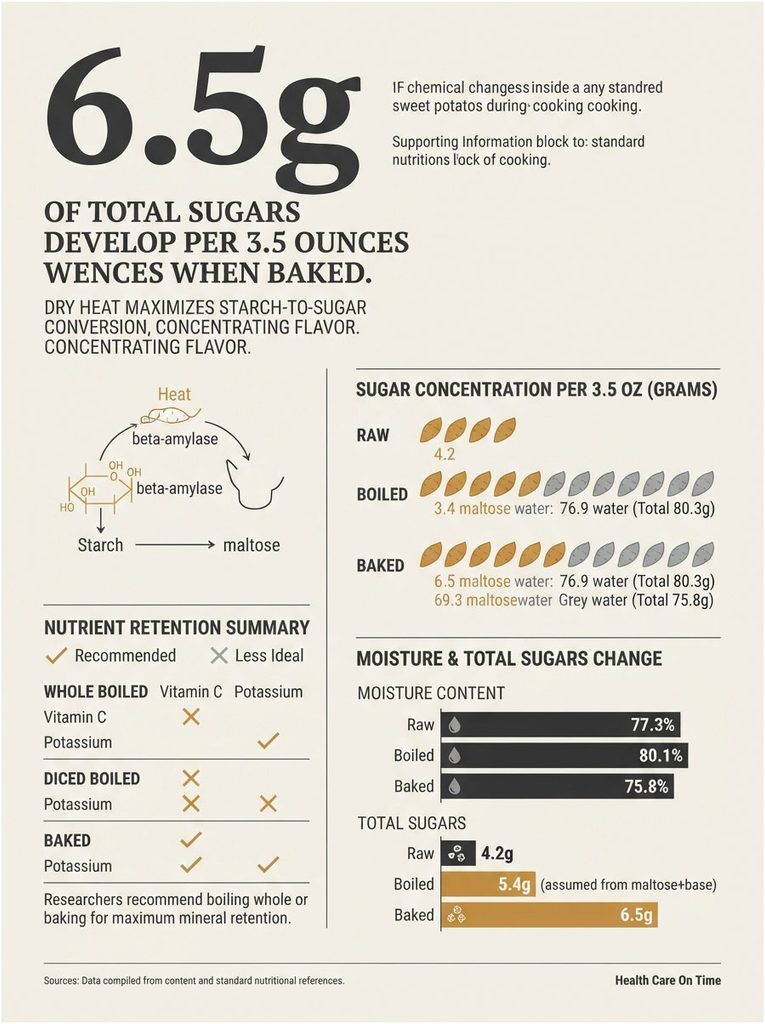 Infographic showing sugar concentration in sweet potatoes: raw, boiled, and baked with nutrient retention data.