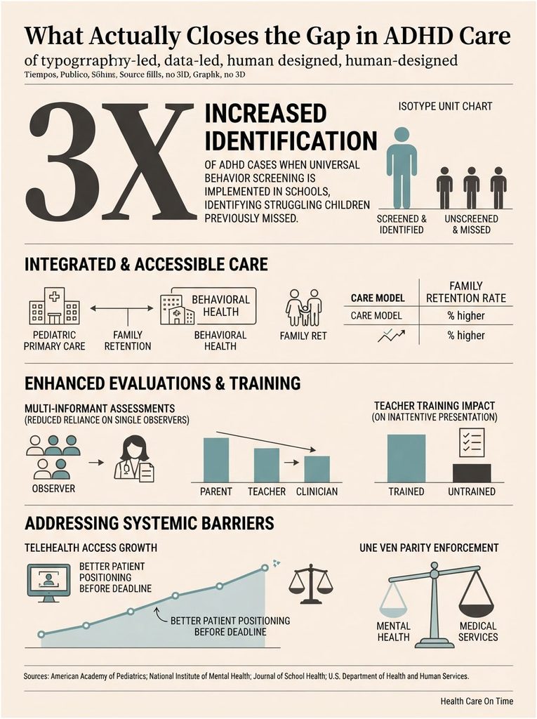 Infographic showing increased ADHD identification through school screening, care models, evaluations, and telehealth access.