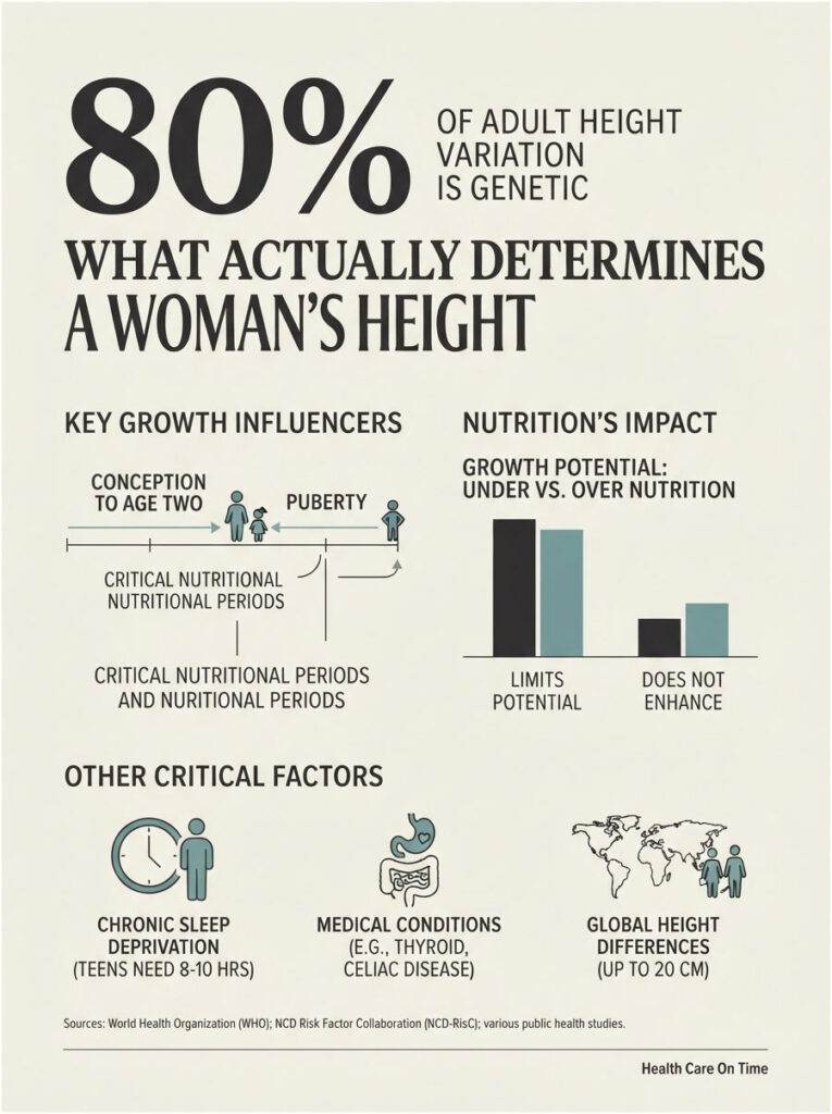 Infographic showing factors determining a woman's height, including genetics, nutrition, and other influences.