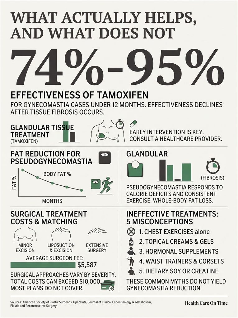Infographic showing gynecomastia treatment effectiveness, costs, and misconceptions about treatments.