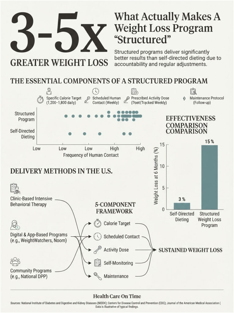 Infographic comparing weight loss effectiveness of structured programs versus self-directed dieting with charts and icons.