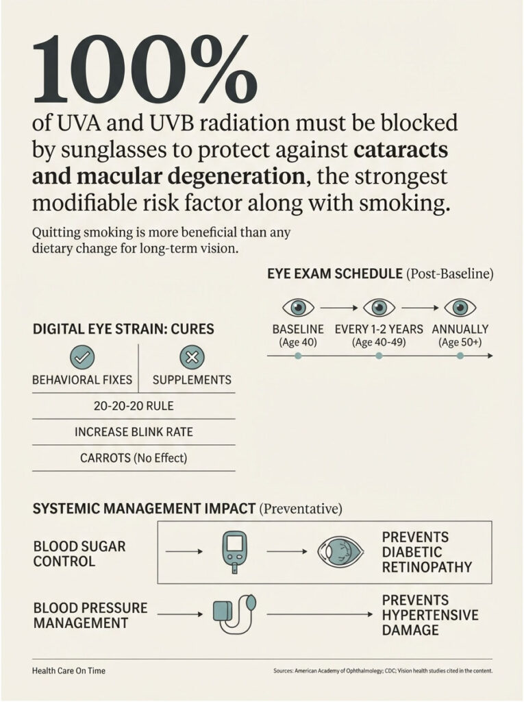 Infographic showing eye health tips, including UV protection, eye exam schedule, and digital eye strain cures.