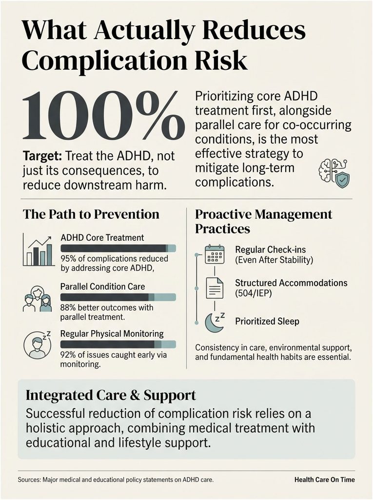 Infographic showing ADHD treatment strategies, statistics on complication reduction, and proactive management practices.