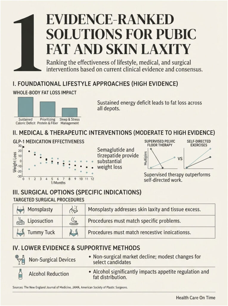 Infographic ranking solutions for pubic fat and skin laxity, detailing lifestyle, medical, and surgical options.