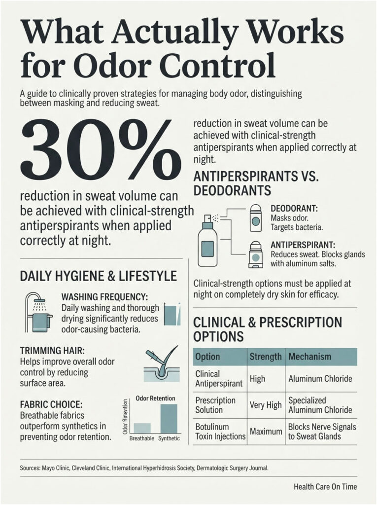 Infographic detailing odor control strategies, including 30% sweat reduction with clinical antiperspirants at night.