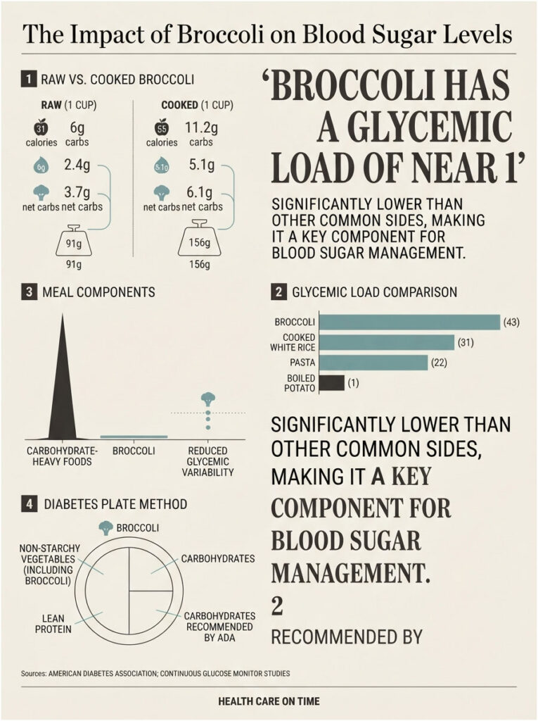 Infographic comparing raw and cooked broccoli's impact on blood sugar levels with glycemic load data and meal components.