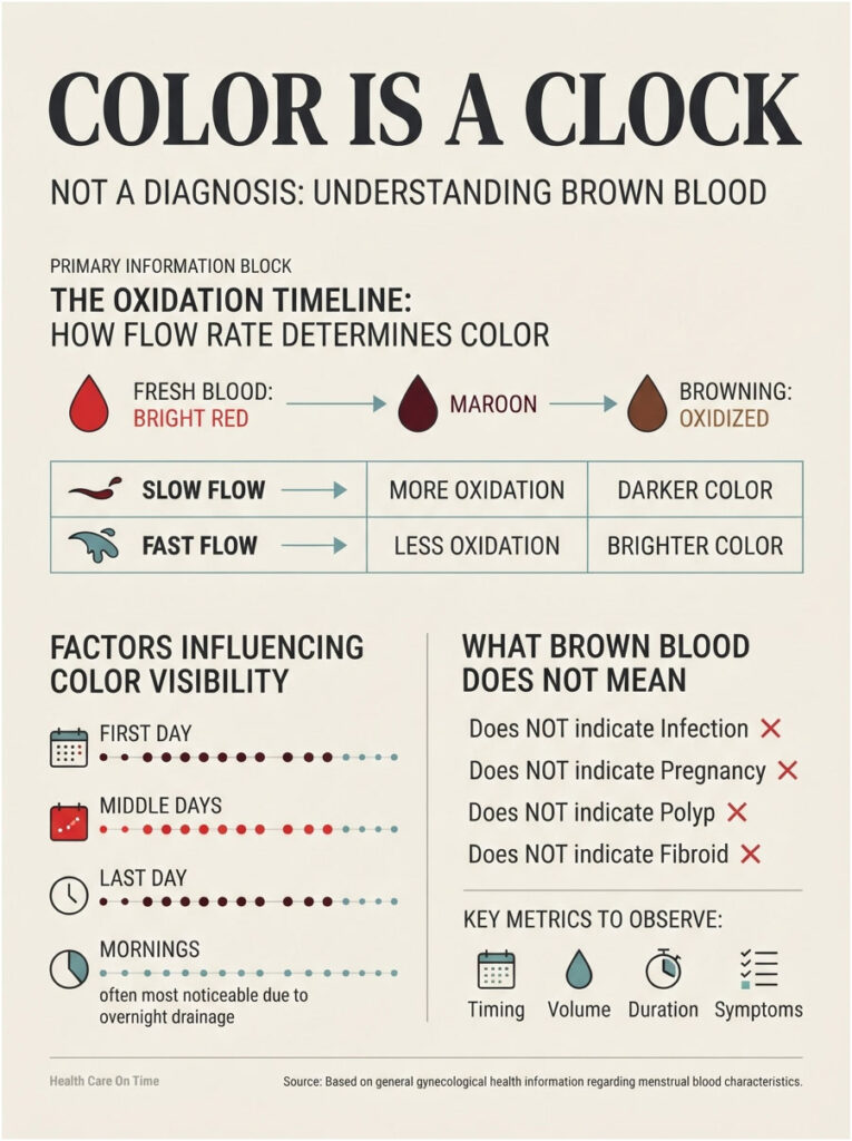 Infographic explaining blood color changes, oxidation timeline, and factors influencing visibility of brown blood.
