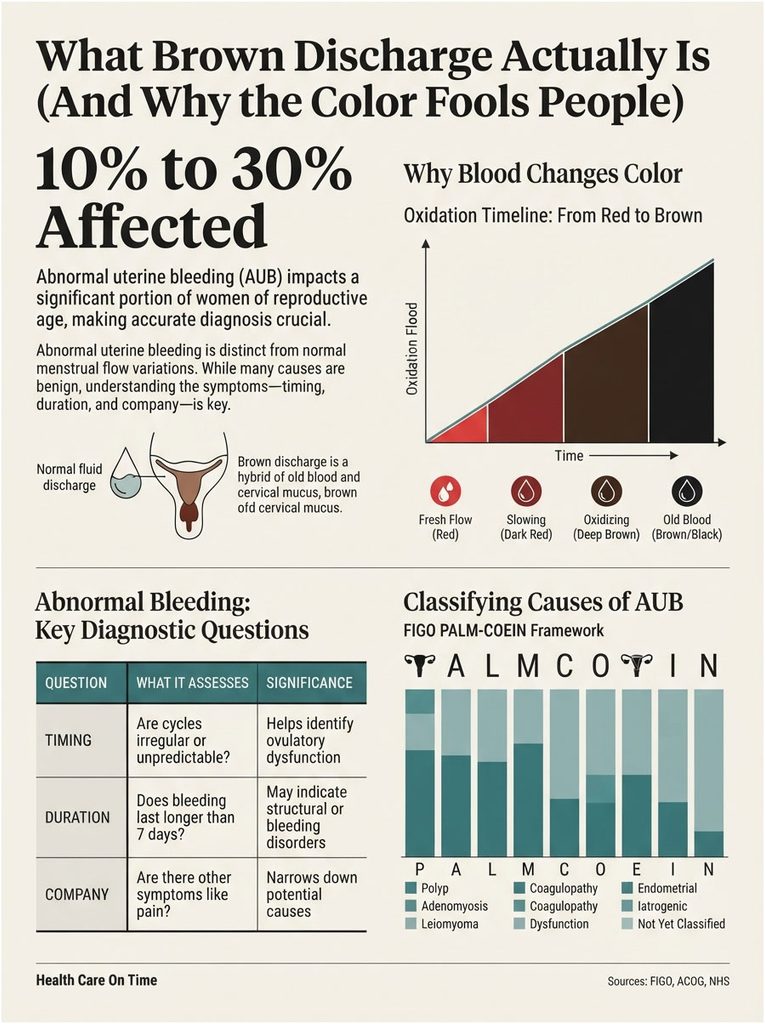 Infographic explaining brown discharge, its causes, and diagnostic questions with a color change chart.