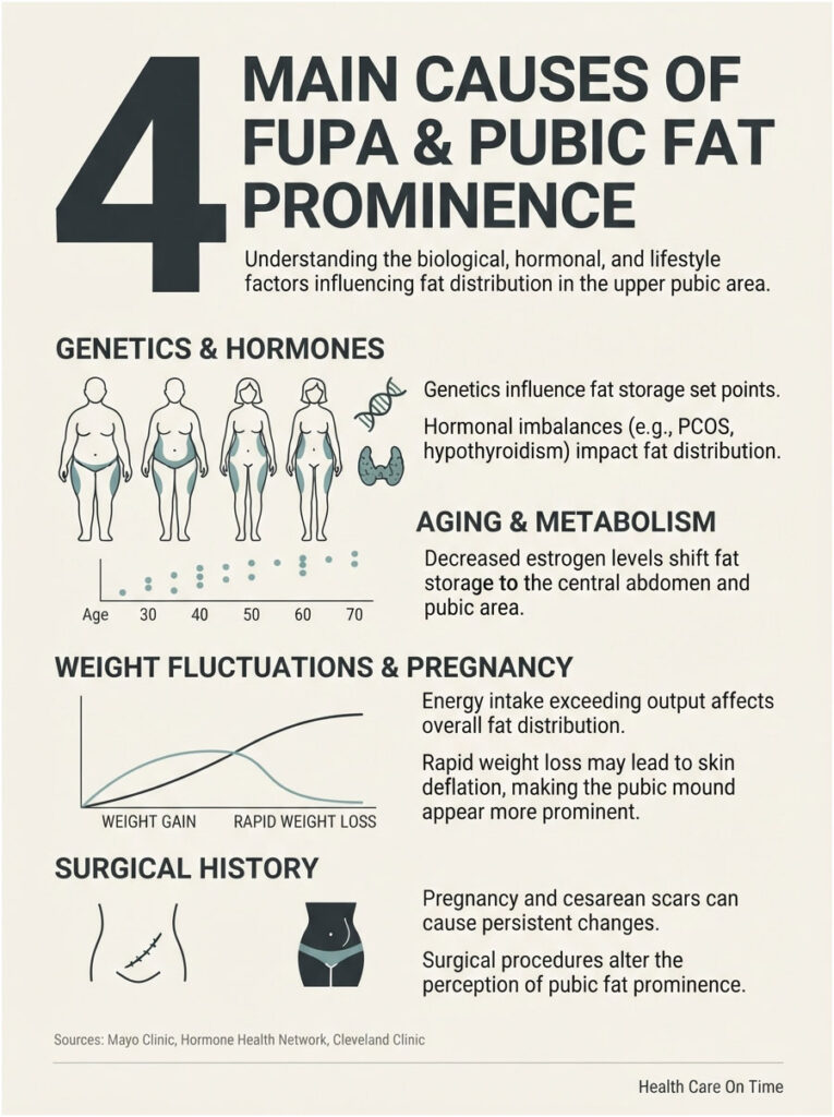 Infographic showing four main causes of FUPA and pubic fat prominence with illustrations and data points.
