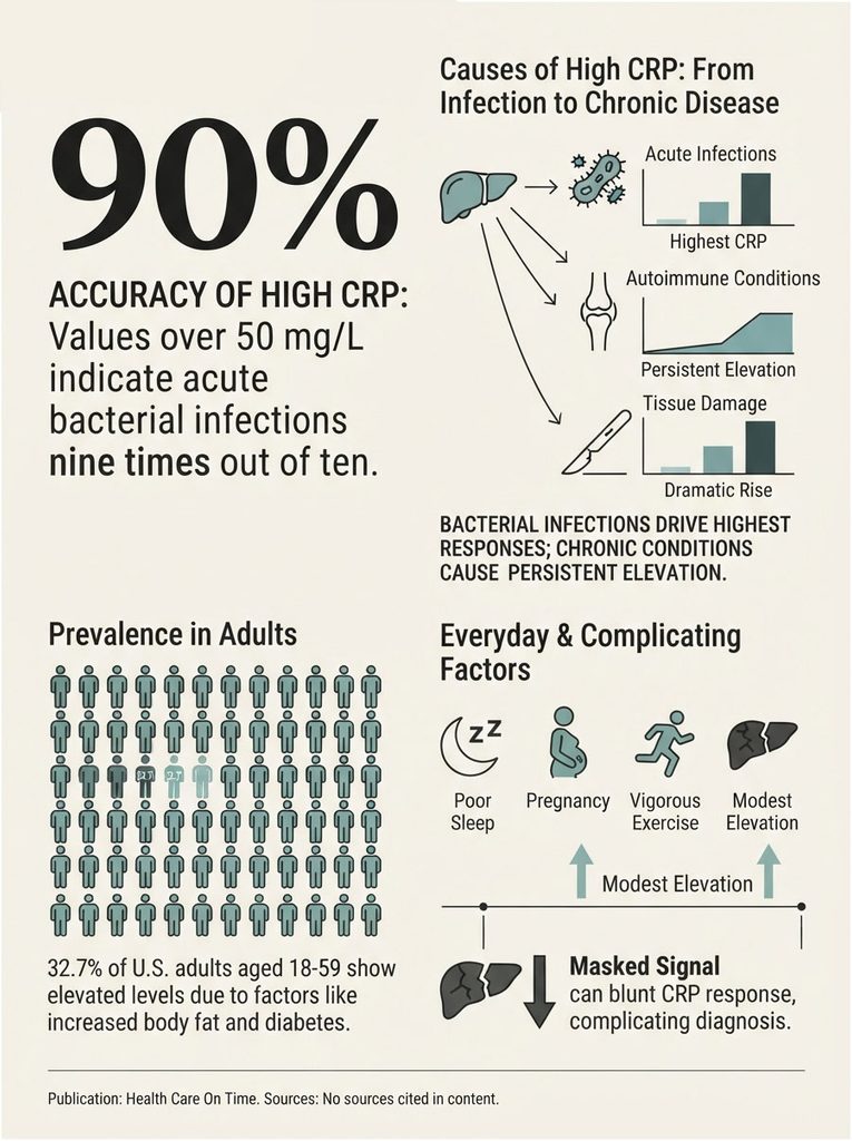 Infographic showing CRP accuracy, causes, prevalence, and complicating factors with icons and graphs.