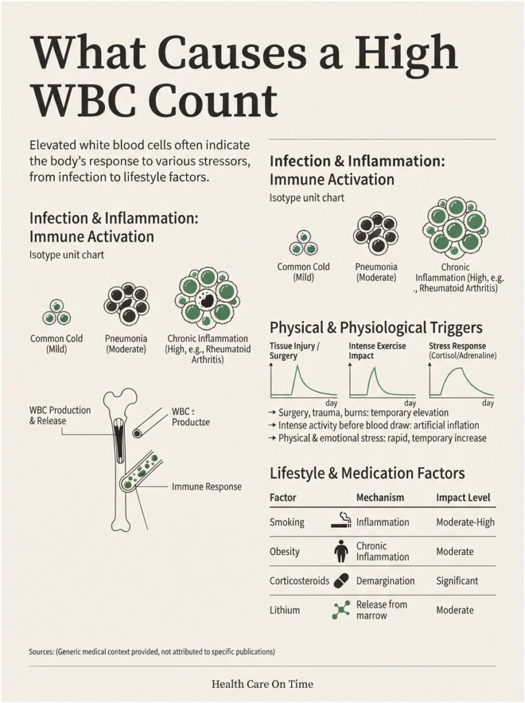 Infographic explaining causes of high WBC count, including infection, inflammation, and lifestyle factors.