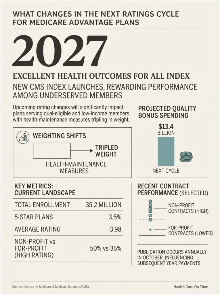 Infographic showing Medicare Advantage plans changes for 2027, including enrollment data and projected quality bonus spending.