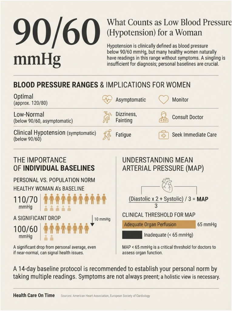 Infographic explaining low blood pressure (90/60 mmHg) for women, including ranges and implications for health.