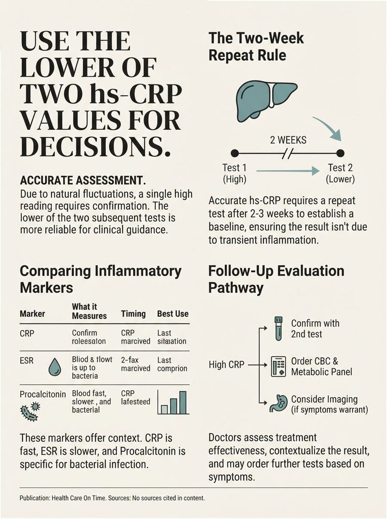 Infographic explaining hs-CRP values, inflammatory markers, and follow-up evaluation pathways with icons and charts.