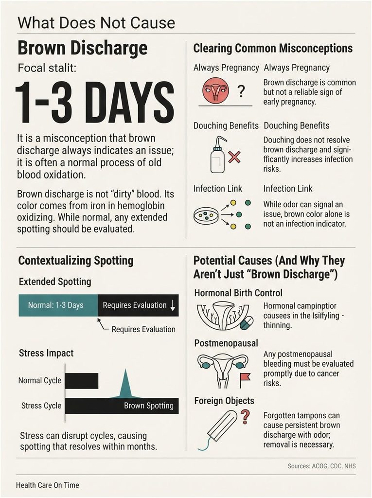 Infographic explaining brown discharge causes, misconceptions, and evaluation timelines with icons and charts.