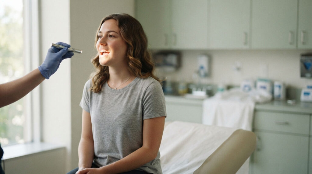 A young woman smiles as a healthcare professional examines her teeth in a bright clinic setting.