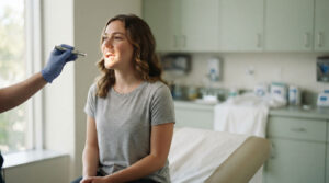 A young woman smiles as a healthcare professional examines her teeth in a bright clinic setting.
