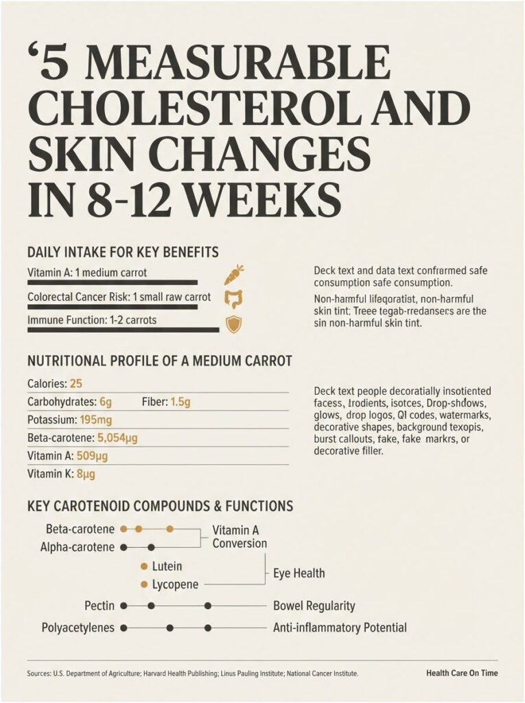 Infographic detailing cholesterol and skin changes from carrot consumption, with nutritional data and benefits.
