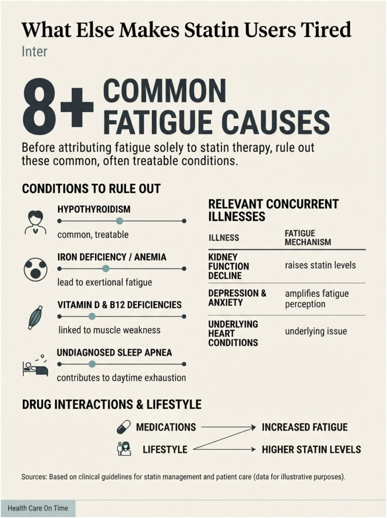 Infographic listing 8 common fatigue causes for statin users, including conditions and relevant illnesses.
