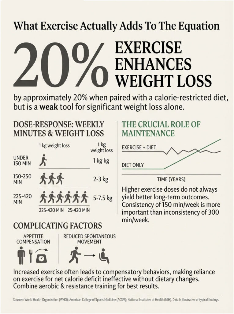 Infographic showing exercise's impact on weight loss, including statistics, charts, and icons related to activity levels.
