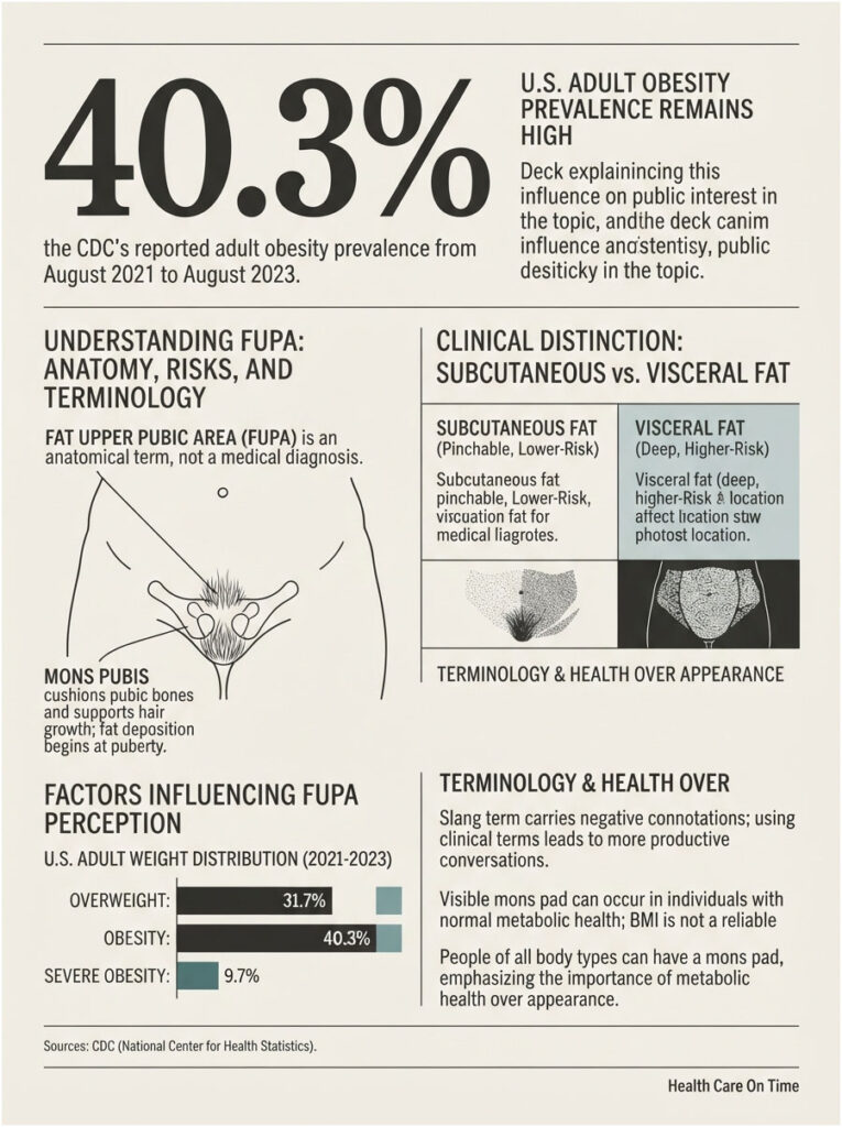 Infographic showing U.S. adult obesity prevalence, FUPA anatomy, and fat types with statistics and illustrations.