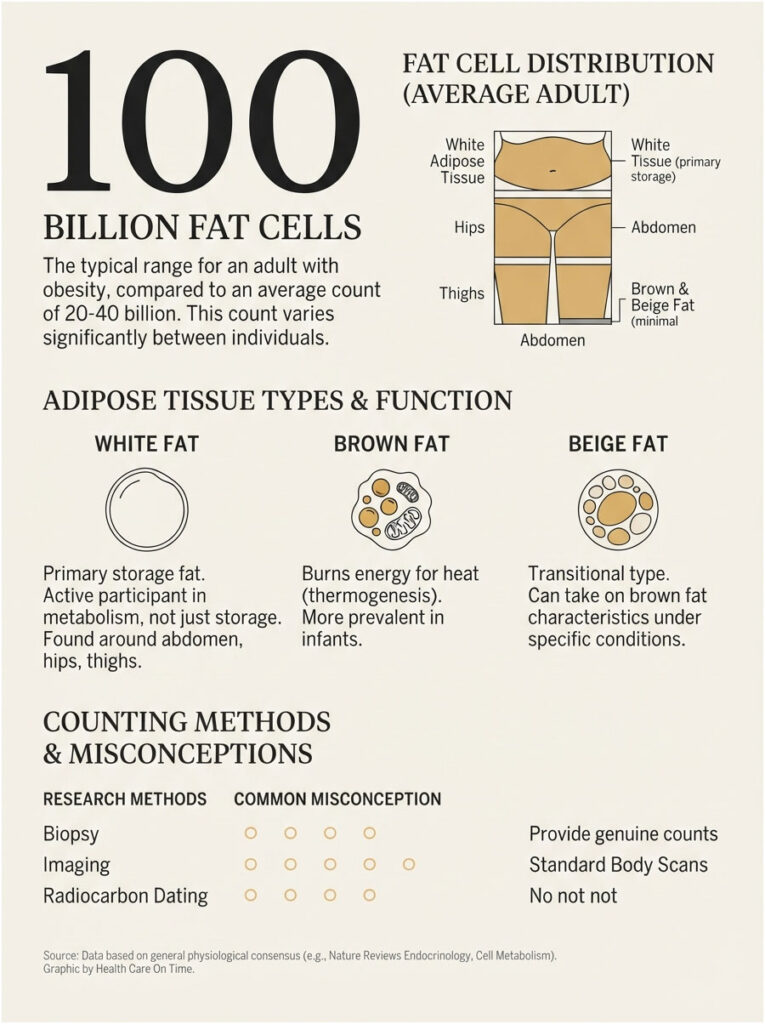 Infographic showing fat cell distribution, types of adipose tissue, and counting methods for fat cells.