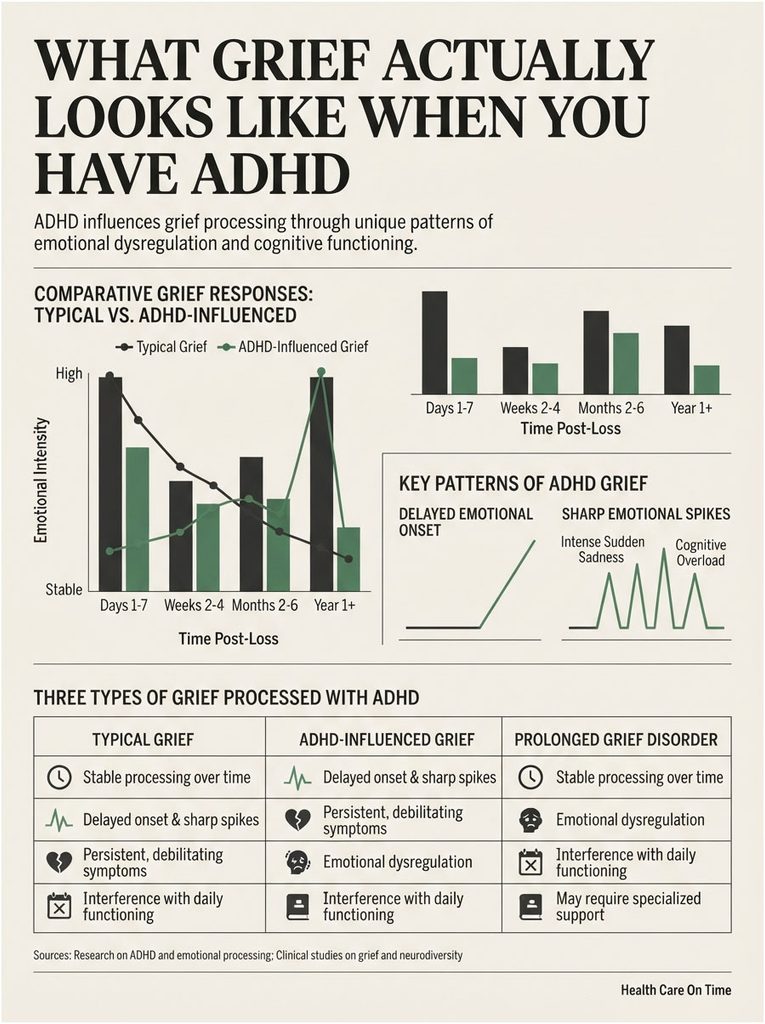 Infographic comparing typical grief and ADHD-influenced grief with charts and key patterns of emotional responses.