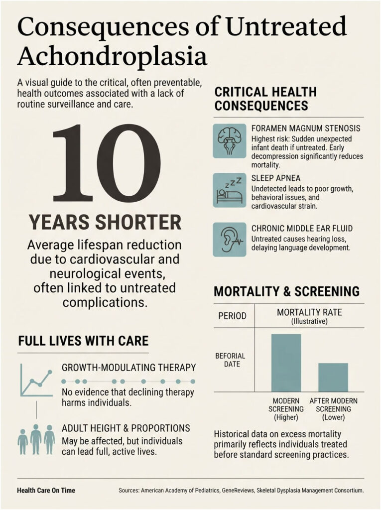 Infographic showing health consequences of untreated achondroplasia, including lifespan reduction and critical health issues.