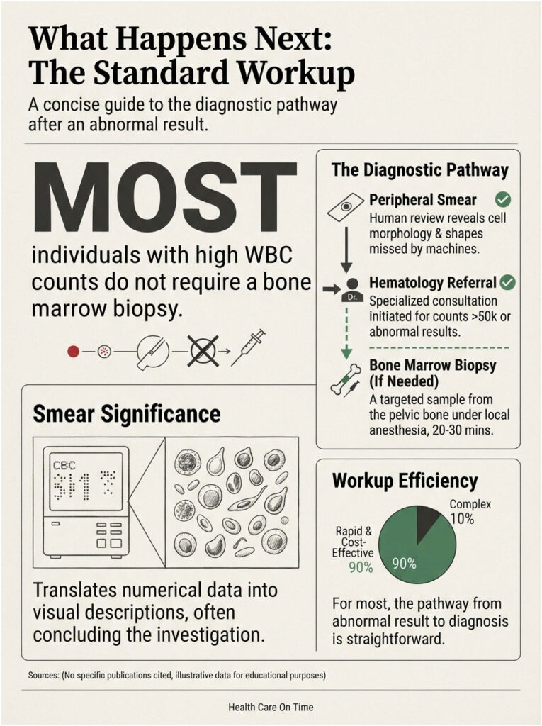 Infographic showing diagnostic pathway for high WBC counts, including peripheral smear and hematology referral steps.