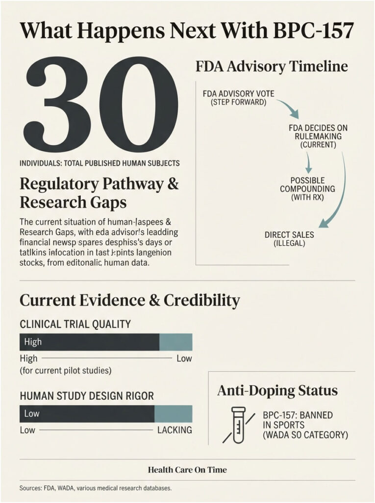 Infographic detailing BPC-157 research with statistics, FDA timeline, and clinical trial quality ratings.